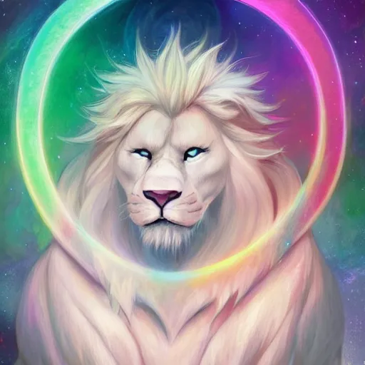 Image similar to aesthetic portrait commission of a albino male furry anthro lion surrounded by soft pastel rainbows while wearing a soft wizard outfit, winter Atmosphere. Character design by charlie bowater, ross tran, artgerm, and makoto shinkai, detailed, inked, western comic book art, 2021 award winning painting