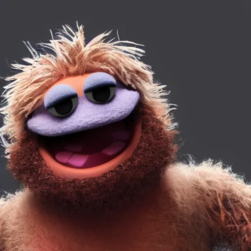 Image similar to a still of a forgotten muppet character looking very manly and modern, hilarious, laughing, hairy chest, huge chin, manly monster tough guy, roughled fur, photo real, photographic, photograph, artstation, trending, featured