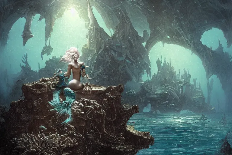 Image similar to a beautiful mermaid looking at the sunken city of Atlantis under water, rays of sunlight, stunning undersea grand architecture in the style of Joe Fenton, art style by Greg Rutkowski and Mohrbacher, deep underwater scene, dark and moody, faint volumetric god rays, grim crushing atmosphere