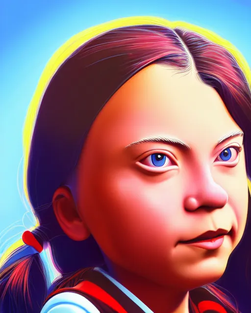 Image similar to closeup profile portrait of a tin toy greta thunberg as a schoolgirl, bikini, hyper realistic, artstation, illustration, salvidor dali, digital paint, matte paint, vivid colors, bright, cheerful, detailed and intricate anime school environment