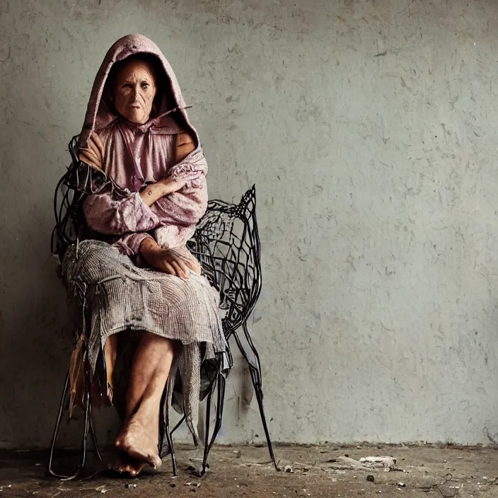 Prompt: closeup portrait of a woman with a hood made of wire and rainbows, sitting in a chair in a derelict house, by Annie Leibovitz and Steve McCurry, natural light, detailed face, CANON Eos C300, ƒ1.8, 35mm, 8K, medium-format print