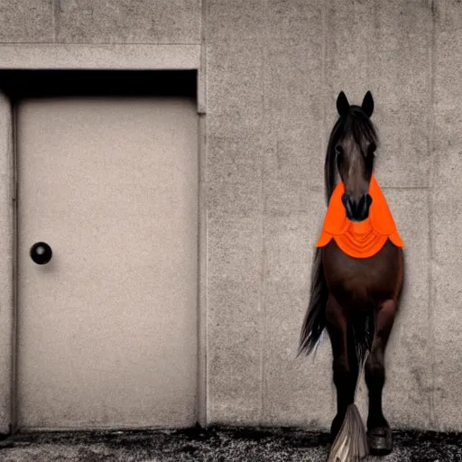 Image similar to horse with orange inmate clothes, in a jail