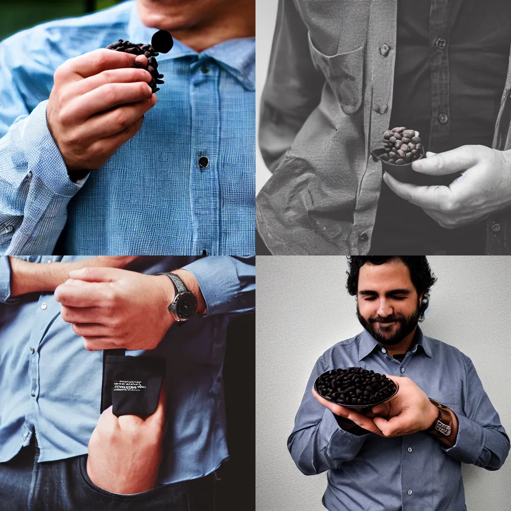 Prompt: a man with his shirt pocket full of black beans, photography