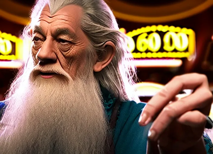 Image similar to film still of gandalf gambling in a casino in new comedy movie, 8 k