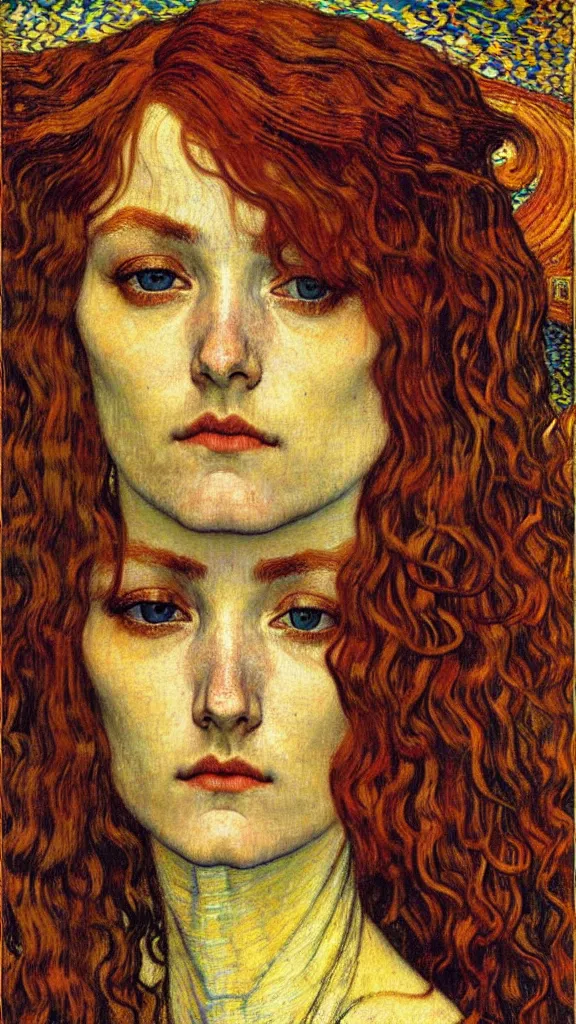 Image similar to detailed realistic beautiful young medieval queen face portrait by jean delville, gustav klimt and vincent van gogh, art nouveau, symbolist, visionary, gothic, pre - raphaelite, muted earthy colors, desaturated