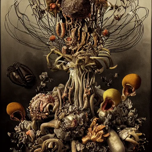 Image similar to disgusting disturbing strange dutch golden age bizarre mutant flower floral still life with many human body parts realistic human toes blossoming everywhere insects very detailed fungus tumor disturbing tendrils bizarre slimy forms sprouting up everywhere by rachel ruysch christian rex van minnen black background chiaroscuro dramatic lighting perfect composition masterpiece high definition 8 k 1 0 8 0 p