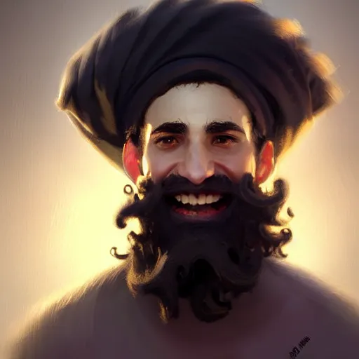 Image similar to a happy merchant jew wearing kippah!!!, rubbing hands!!!, evil, tricky, black curly beard, black curly hair, black eyes, hooked nose, by greg rutkowski, artstation, by artgerm, by wlop