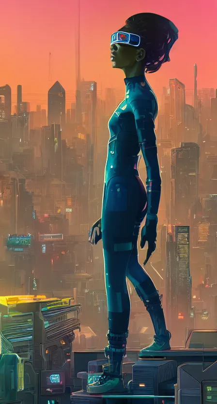 Image similar to zendaya as a cyberpunk hero standing on the rooftop of cybertown, art poster, full body, t - pose, character design, ambient lighting, 4 k, lois van baarle, ilya kuvshinov, rossdraws, alphonse mucha, jung gi kim, dylan kowalsk, artstation