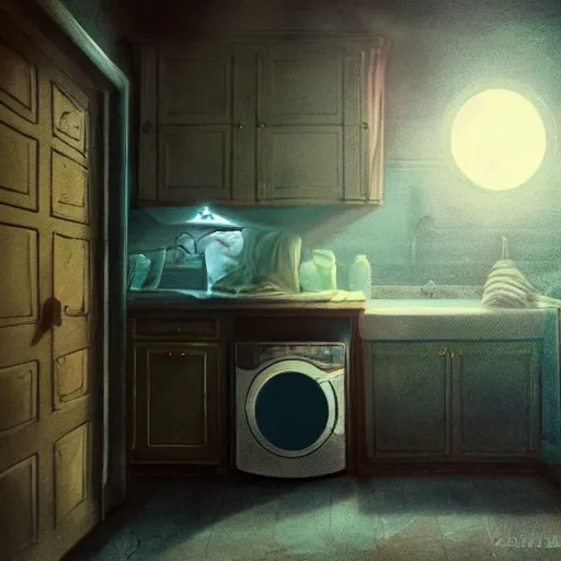 Image similar to demonic creature crawling out of a washing machine in a laundry room, cinematic lighting, inspired by Evgeny Lushpin,George, greg rutkowski winter,nighttime,cinematic,art station