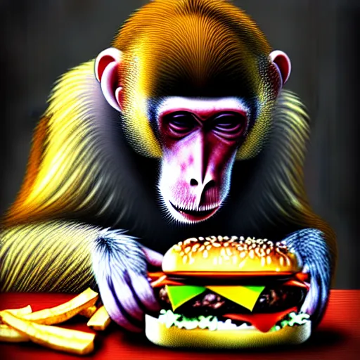 Prompt: monkey eating a burger, stylized, artstation, hd, photorealistic, photograph, cgsociety, cgi, digital, illustration, arts, realistic, awards winning, dramatic, cinematic, artistic, famous, detailed