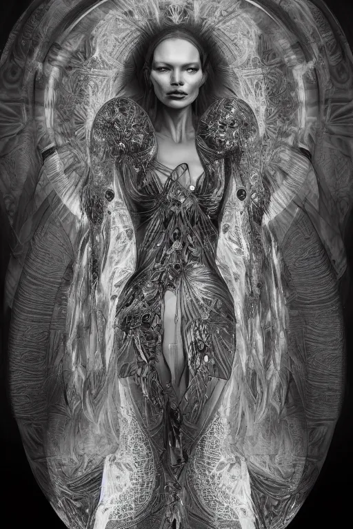 Image similar to a realistic moody photo of a beautiful ancient alien woman goddess kate moss kali standing in iris van herpen dress jewelery and fractals in style of alphonse mucha art nuvo dmt trending on artstation made in unreal engine 4