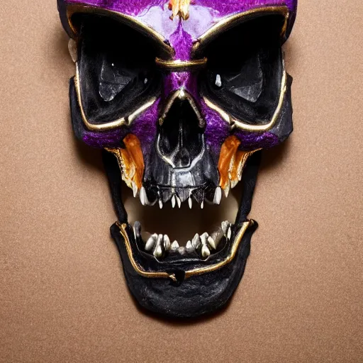 Image similar to opened mouth panther skull with gold teeth and raw gems and crystal inlaid panther skull, exposed in museum, matte black, rose gold, amethyst, high coloration, ambient lightning, focused, highly detailed, 8 k