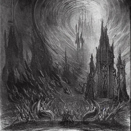 Prompt: an underwater gothic cathedral at the bottom of the ocean surrounded by mermaids, by gustave dore, francisco goya, william blake, dark and scary abyssal ambient, utradetailed, matte painting, smooth zenithal lighting, epic masterpiece,