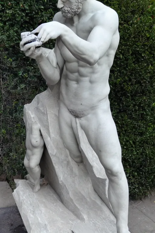 Prompt: marble sculpture of a man taking a selfie