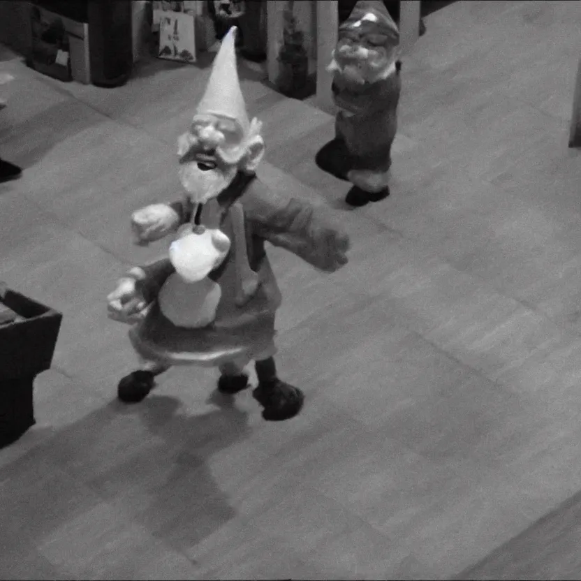 Image similar to cctv footage of a live gnome dancing