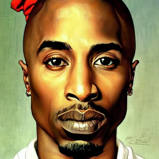 Prompt: a portrait painting of Tupac shakur. Painted by Norman Rockwell