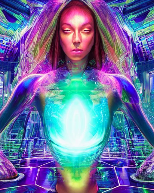 Image similar to a powerful energy psychedelic matrix woman, by alexander fedosav, hyper detailed digital matte painting, concept art, hyperrealism, 1 6 k resolution, cinema 4 d, 8 k resolution, trending on artstation, behance hd, a masterpiece, by stephan martiniere, particles, cel - shaded, power bright neon energy, by david a. hardy,