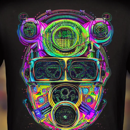 Prompt: mockup of a black tshirt with a hyperdetailed portrait of a steampunk robot on lsd, 8 k, symetrical, flourescent colors, happy trippy mood, multicolored,