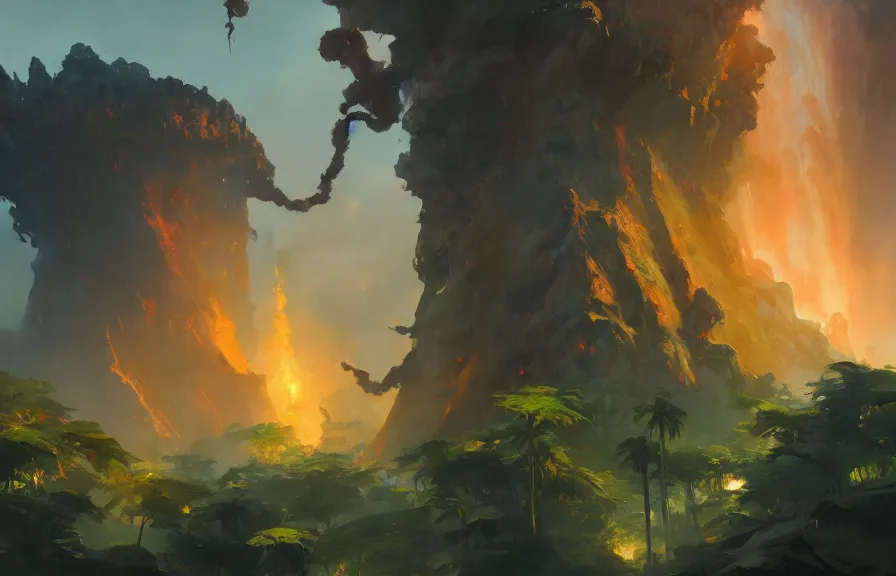 Image similar to greg manchess concept art of a the volcanic jungle dimension, key visual, ambient lighting, highly detailed, digital painting, artstation, concept art, sharp focus, by makoto shinkai and akihiko yoshida and hidari and wlop and greg rutkowski