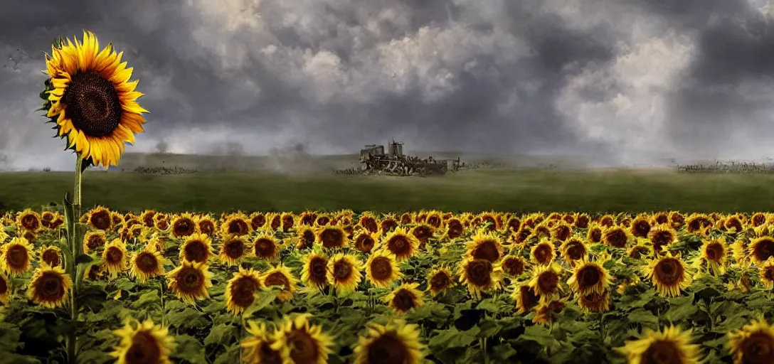 Prompt: the battle of the Somme with one single sunflower, cinematic shot, hyper realistic, hyper detailed