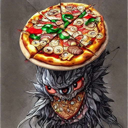 Prompt: a cute monster made of pizza, watercolor, pen and ink, intricate line drawings, by Yoshitaka Amano, Ruan Jia, Kentaro Miura, Artgerm, detailed, trending on artstation, hd, masterpiece,