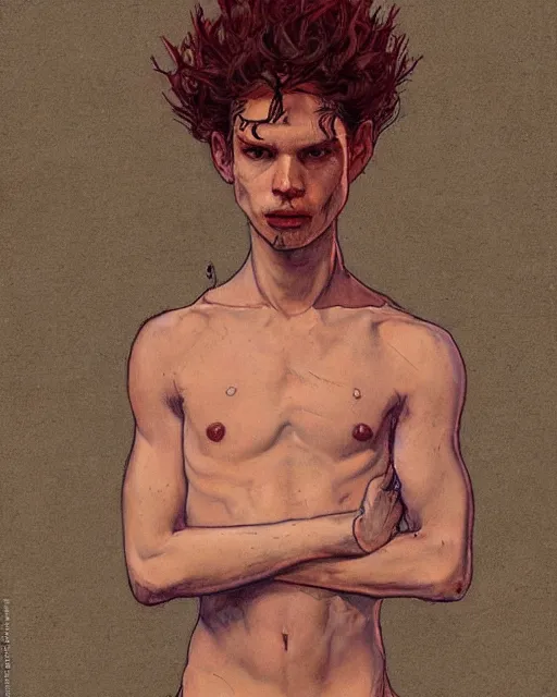 Image similar to portrait of an axolotl god by greg rutkowski in the style of egon schiele