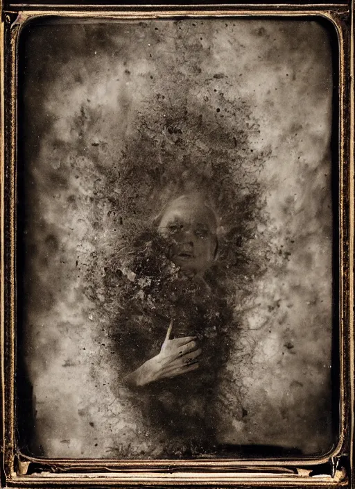 Prompt: old wetplate daguerreotype portrait of the birth of a genius, explosion of data fragments, fractal, intricate, elegant, highly detailed, parallax, leica, medium format, subsurface scattering, by jheronimus bosch and greg rutkowski and louis jacques mande daguerre