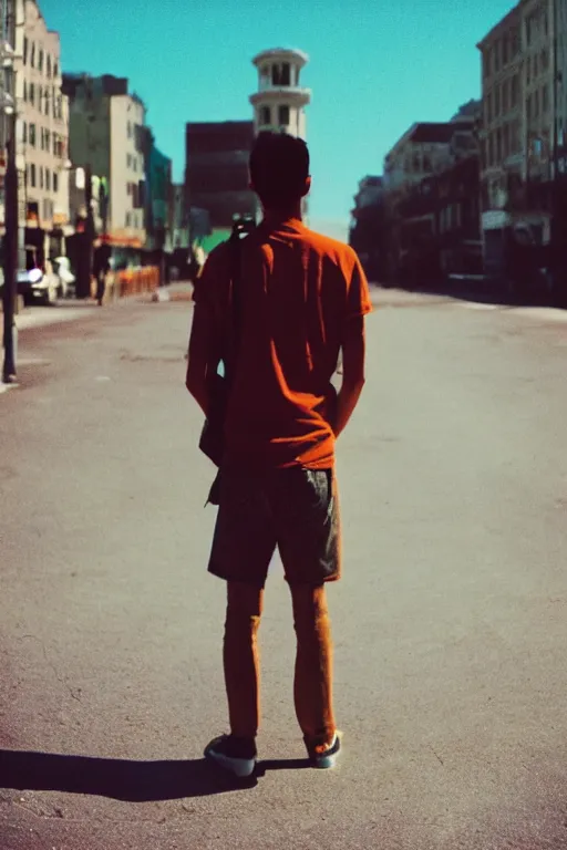 Image similar to kodak ultramax 4 0 0 photograph of a skinny guy standing in street, back view, grain, faded effect, vintage aesthetic, vaporwave colors,