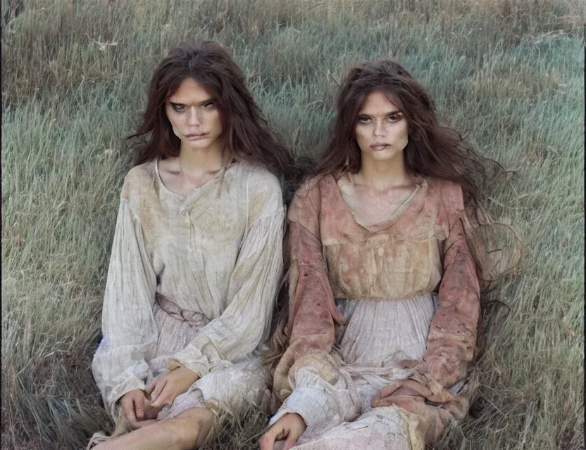 Image similar to peasant sisters with long messy hair, cottage core, cinematic focus, polaroid photo bleached vintage pastel colors high - key lighting, soft lights, foggy, by steve hanks, by lisa yuskavage, by serov valentin, by tarkovsky, 8 k render, detailed, oil on canvas