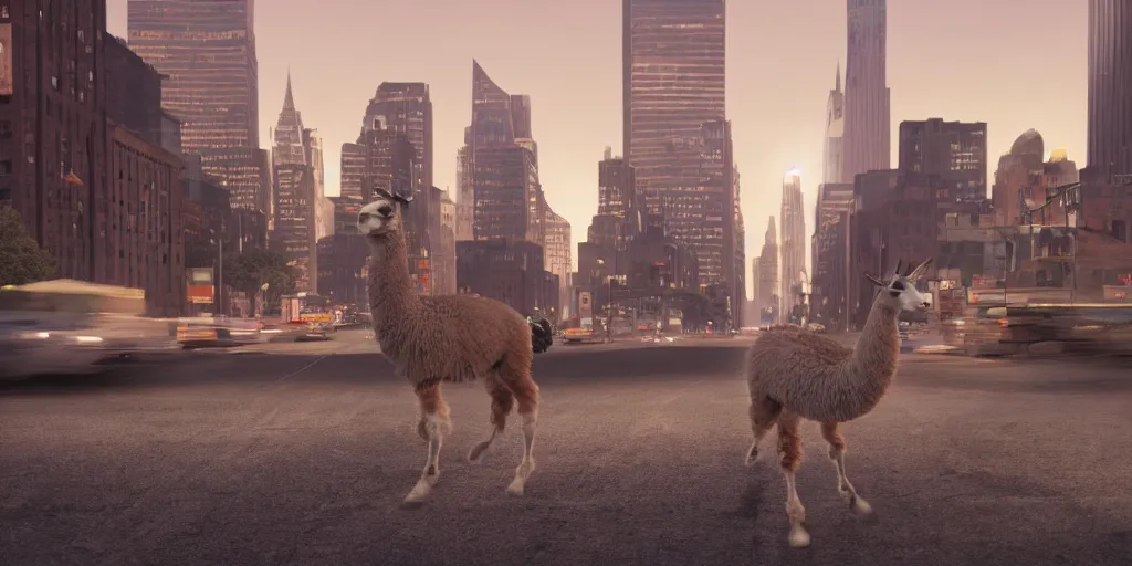 Image similar to a llama walking through a desolate manhattan city street at night, statue of liberty seen in the background, realistic 4 k octane beautifully detailed render, 4 k post - processing, highly detailed, detailed face, intricate complexity, epic composition, magical atmosphere, cinematic lighting, masterpiece, ultra hd