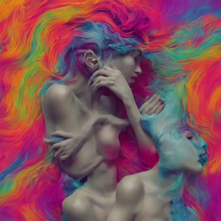 Prompt: flume_and flume_and_former_cover_art_future_bassgirl_unwrapped_statue_bust_curls_of_hair_petite_lush body_photography_model _body_art_futuristic hard_material simple background style of Jonathan Zawada Thisset vivid colours