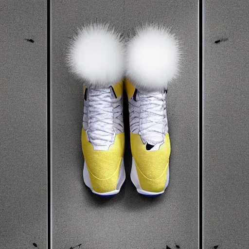 Image similar to poster nike shoe made of very fluffy yellow faux fur placed on reflective surface, professional advertising, overhead lighting, heavy detail, realistic by nate vanhook, mark miner