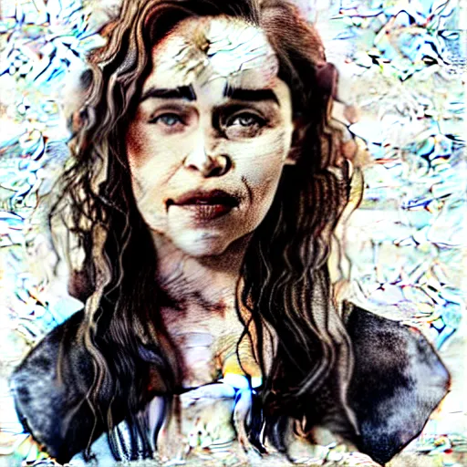 Prompt: portrait of emilia clarke by francis picabla, pen and watercolor wash on cardboard