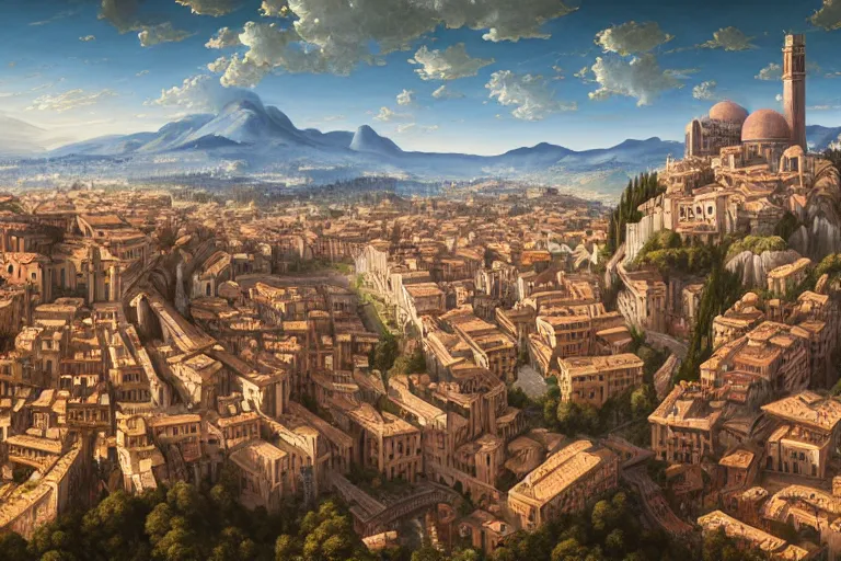 Image similar to an ultra detailed matte landscape painting of an italian renaissance capital city built on top of a large hill sweeping vista, italian renaissance architecture, ultrawide lense, aerial photography, 8 k, volumetric lighting, smooth, highly detailed, digital illustration, art by greg rutkowski and akira toriyama and artgerm