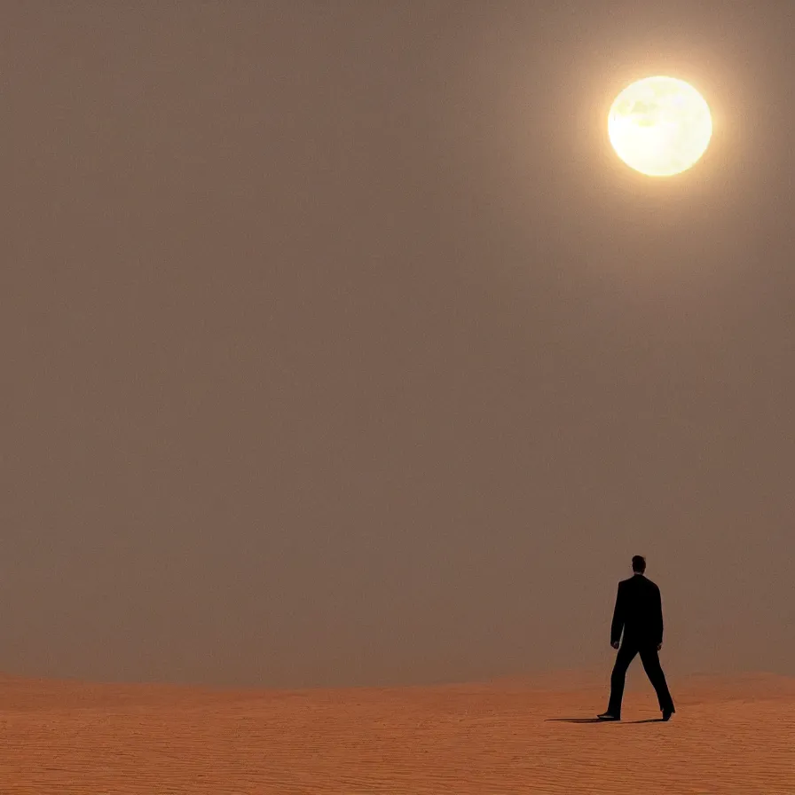 Prompt: a beautiful landscape of a powerful man wandering in a vast desert lit by the man in the moon