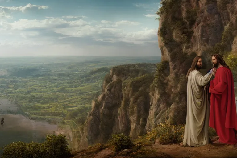 Image similar to a unique digital photo of jesus and mary magdalene standing on a cliff looking over a beautiful landscape in france, rennes - le - chateau, award winning photo, very detailed, very realistic cinematic