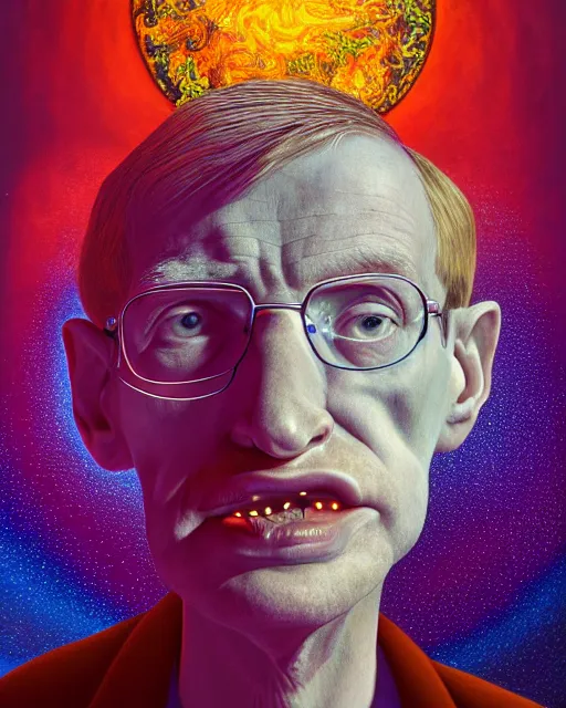 Image similar to portrait ultra dimensional stephen hawking, accidentally tripping on dmt and acid, psychedelic experience, overwhelming psychosis of self realization and burning awakening, ultra high definition, unreal engine 5, hyperrealism, masterpiece composition, by casey weldon, barclay shaw 8 k photorealistic