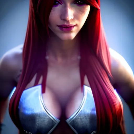 Image similar to Katarina from League of Legends, photorealistic studio portrait, studio lighting, unreal engine 5, hyperrealistic, dynamic lighting, white ambient background, realistic, highly detailed