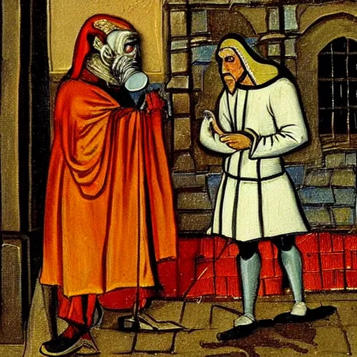 Image similar to a medival painting of a begger begging with a rich man on the streets of a medival town.