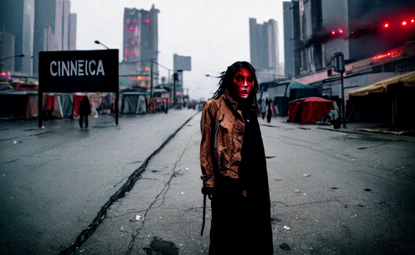 Image similar to Cinestill 50d candid photography of a city on fire, extreme wide shot of a poor techwear mixed woman wearing thick mascara and makeup crying outside of a futuristic city on fire, cyberpunk, tattoos, homeless tents on the side of the road, extreme long shot, desaturated, full shot, blurry, 4k, 8k, hd, full color