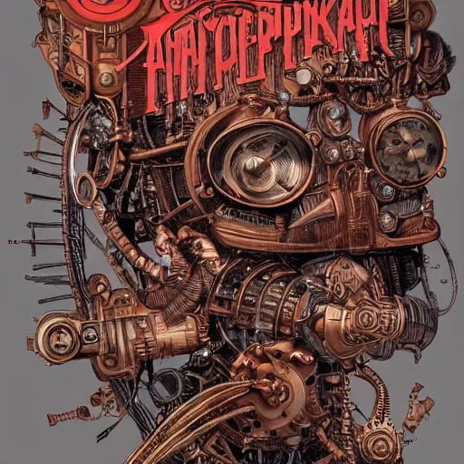 Prompt: Book steampunk red in the hands of a woman, Insanely detailed and intricate, hyper-realistic in the graphic style of Patrick Gleason, detailed art, trending on Artstation, sharp focus, comic art