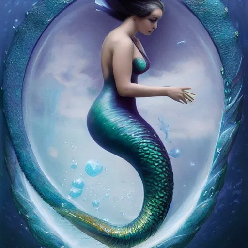 Prompt: By Olga Nikitina and Tom Bagshaw, ultra realist soft painting of an underwater fish universe in a stormglobe, beautiful mermaid in curvy bodysuit, symmetry accurate features, very intricate details, deep underwater environment, rainbow lighting, volumetric light water