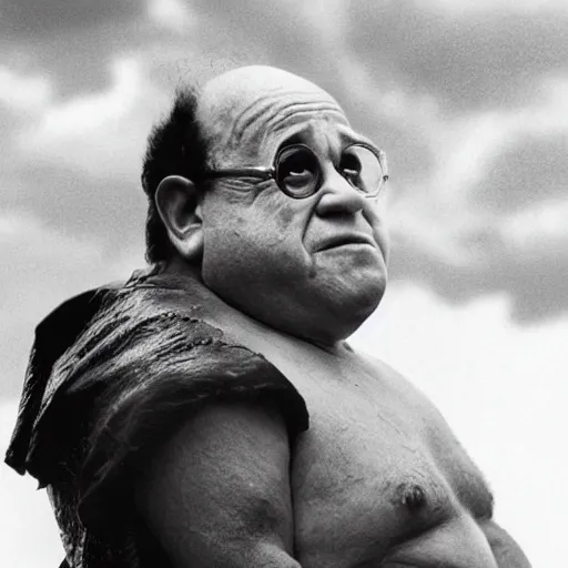 Image similar to godlike Danny DeVito, wearing a toga, eyes with no pupils, sitting atop Mount Olympus, stormy skies