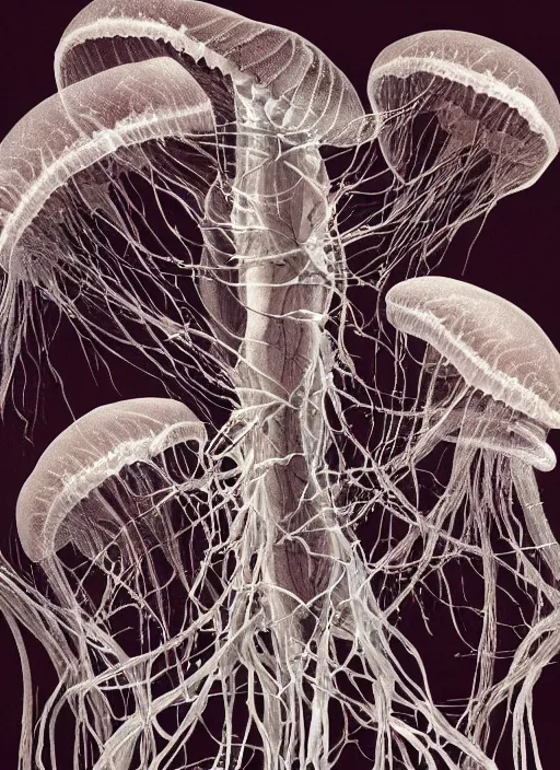 Image similar to magic jellyfish with translucent skin, visible muscles and veins and arteries and bones and spines and nerves, beautiful detailed intricate insanely detailed octane render, 8k artistic photography, photorealistic, chiaroscuro, by David Cronenberg, Raphael, Caravaggio