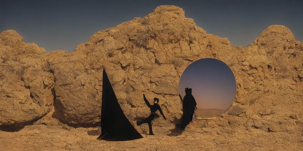 Image similar to levitating ghost silhouette with full - face golden mask in a dry rocky desert landscape, visible sky and sunny atmosphere, fata morgana and giant square mirrors by alejandro jodorowsky, anamorphic lens, kodakchrome, practical effects, masterpiece, 8 k