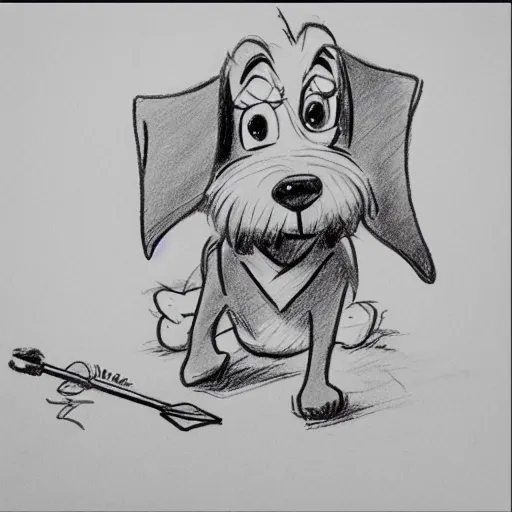 Image similar to milt kahl pencil sketch of happy mini schnauzer cartoon lady and the tramp style