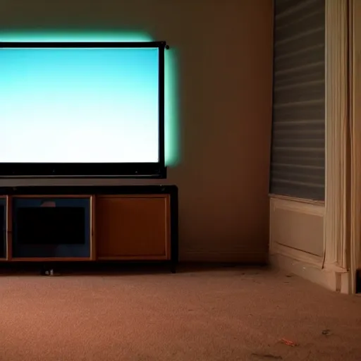 Prompt: a completley dark room with an old tv in the middle giving off a faint glow,