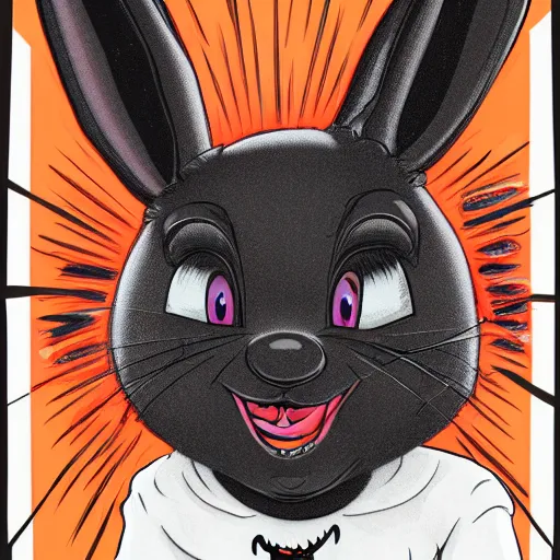 Image similar to A extremely highly detailed majestic hi-res beautiful, highly detailed head and shoulders portrait of a scary terrifying, horrifying, creepy maniacal crazy black cartoon rabbit with scary big eyes, earing a shirt laughing maniacally , let's be friends, in the style of a Walt Disney cartoon