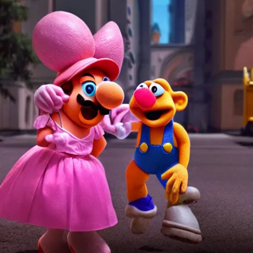 Image similar to A still of Mario and Princess Peach as muppets, photo real, photographic, photograph, artstation, trending, award winning, epic lighting, featured
