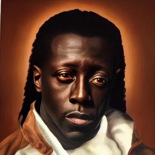 Prompt: Wesley Snipes masterpiece portrait painting by Caravaggio, Chiaroscuro lighting